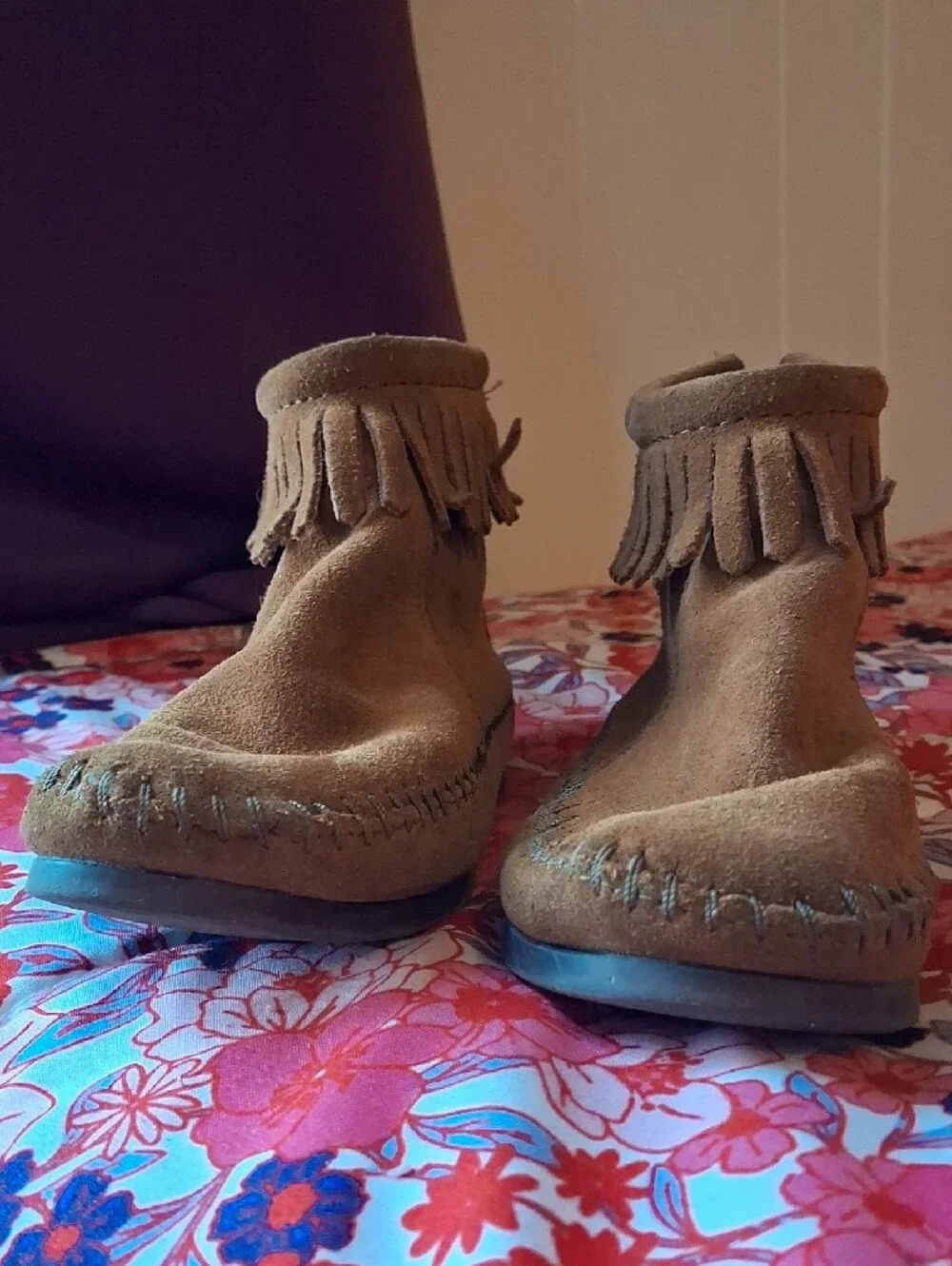 Kids Fringe Brown Suede Zip Back Ankle Moccasins Boots Booties Back To School